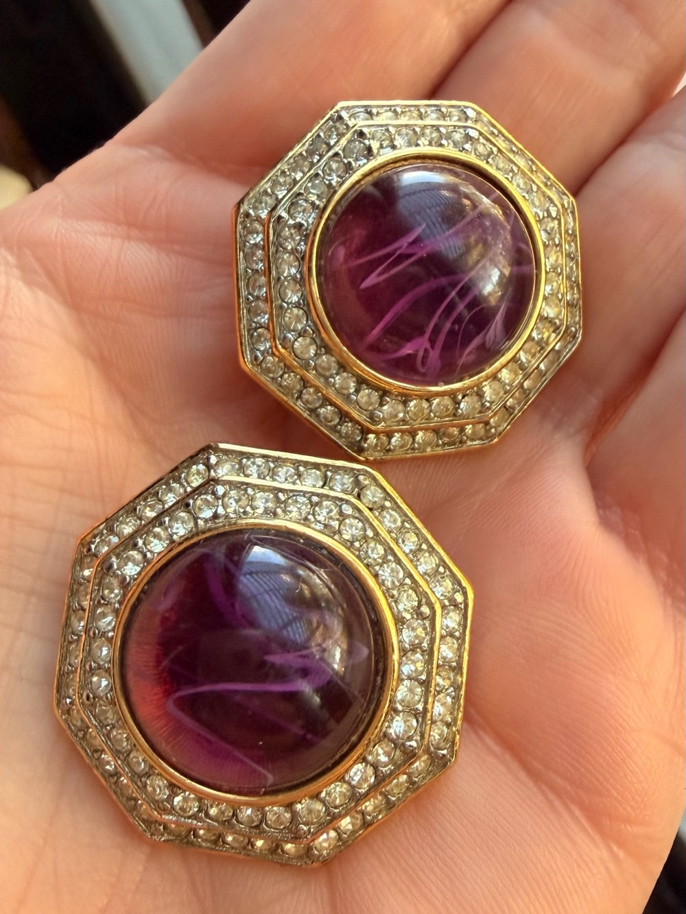 Vintage St John Amethyst Glass Cabochon Rhinestone Clip On Earrings